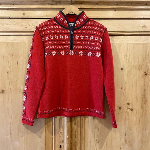 Vintage Neve Designs Red Wool Nordic Sweater Zip Front Fair Isle Cardigan M - Picture 1 of 6